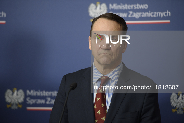 Poland's Minister of Foreign Affairs, Radoslaw Sikorski, looks on as he participates in a press conference after talks with his Ukrainian co...