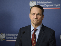 Poland's Minister of Foreign Affairs, Radoslaw Sikorski, looks on as he participates in a press conference after talks with his Ukrainian co...