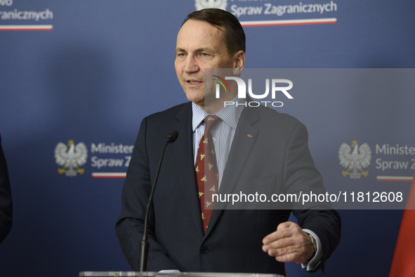 Poland's Minister of Foreign Affairs Radoslaw Sikorski gestures as he takes part in a press conference after talks with his Ukrainian counte...