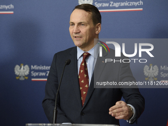 Poland's Minister of Foreign Affairs Radoslaw Sikorski gestures as he takes part in a press conference after talks with his Ukrainian counte...