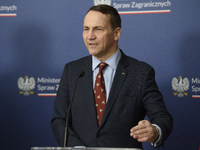 Poland's Minister of Foreign Affairs Radoslaw Sikorski gestures as he takes part in a press conference after talks with his Ukrainian counte...