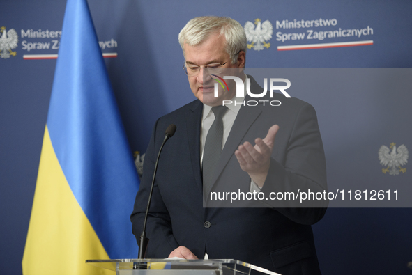 Ukraine's Foreign Affairs Minister Andrii Sybiha gestures as he participates in a press conference after talks with his Polish counterpart R...