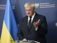 Ukraine's Foreign Affairs Minister Andrii Sybiha gestures as he participates in a press conference after talks with his Polish counterpart R...