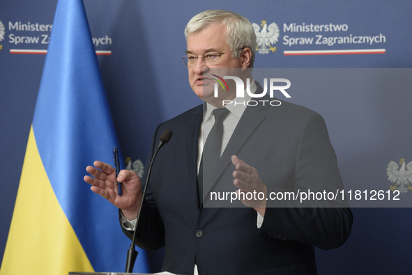 Ukraine's Foreign Affairs Minister Andrii Sybiha gestures as he participates in a press conference after talks with his Polish counterpart R...