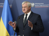 Ukraine's Foreign Affairs Minister Andrii Sybiha gestures as he participates in a press conference after talks with his Polish counterpart R...