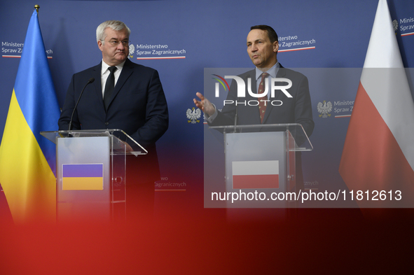 Ukraine's Foreign Affairs Minister Andrii Sybiha and Poland's Minister of Foreign Affairs Radoslaw Sikorski participate in a press conferenc...