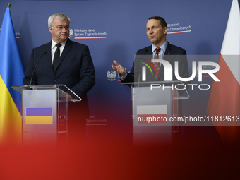 Ukraine's Foreign Affairs Minister Andrii Sybiha and Poland's Minister of Foreign Affairs Radoslaw Sikorski participate in a press conferenc...