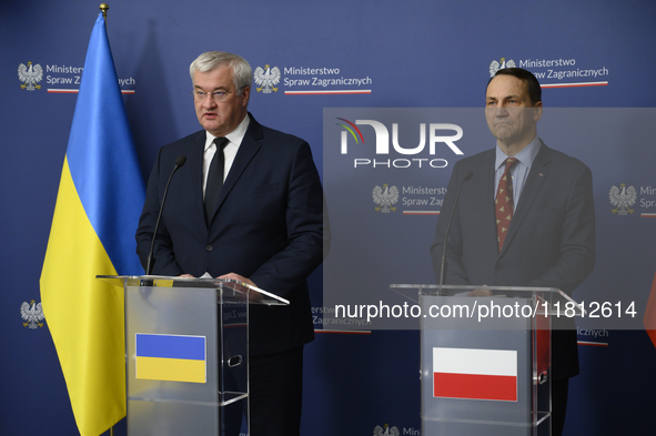 Ukraine's Foreign Affairs Minister Andrii Sybiha and Poland's Minister of Foreign Affairs Radoslaw Sikorski participate in a press conferenc...