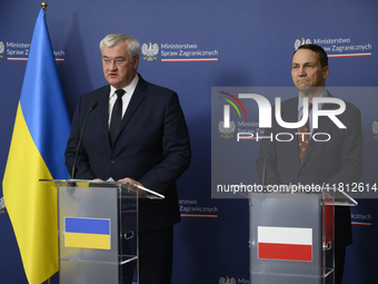 Ukraine's Foreign Affairs Minister Andrii Sybiha and Poland's Minister of Foreign Affairs Radoslaw Sikorski participate in a press conferenc...