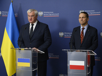 Ukraine's Foreign Affairs Minister Andrii Sybiha and Poland's Minister of Foreign Affairs Radoslaw Sikorski participate in a press conferenc...