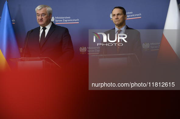 Ukraine's Foreign Affairs Minister Andrii Sybiha and Poland's Minister of Foreign Affairs Radoslaw Sikorski participate in a press conferenc...