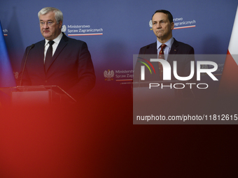 Ukraine's Foreign Affairs Minister Andrii Sybiha and Poland's Minister of Foreign Affairs Radoslaw Sikorski participate in a press conferenc...