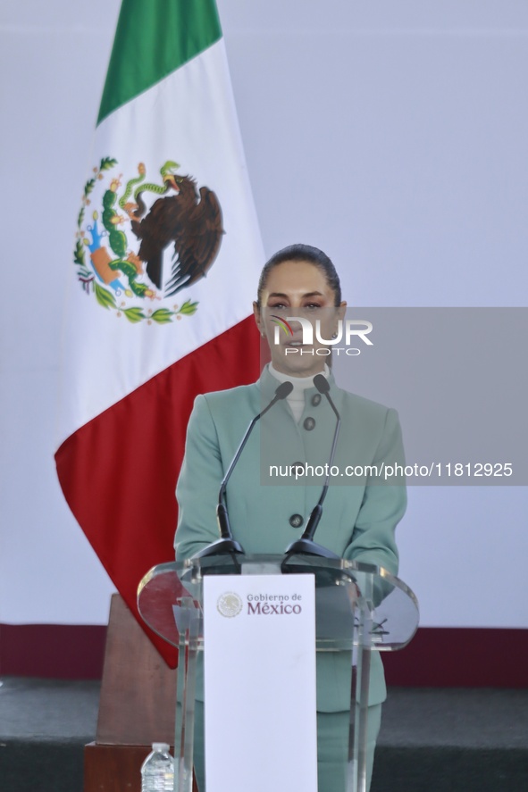 Claudia Sheinbaum Pardo, President of Mexico, speaks during the National Agreement for the Human Right to Water and Sustainability at the Ec...