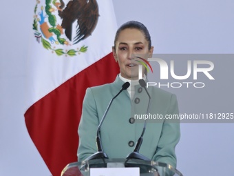 Claudia Sheinbaum Pardo, President of Mexico, speaks during the National Agreement for the Human Right to Water and Sustainability at the Ec...