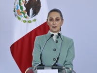 Claudia Sheinbaum Pardo, President of Mexico, speaks during the National Agreement for the Human Right to Water and Sustainability at the Ec...