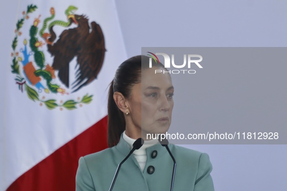 Claudia Sheinbaum Pardo, President of Mexico, speaks during the National Agreement for the Human Right to Water and Sustainability at the Ec...