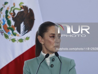 Claudia Sheinbaum Pardo, President of Mexico, speaks during the National Agreement for the Human Right to Water and Sustainability at the Ec...