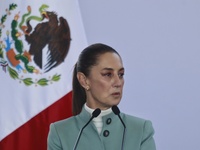 Claudia Sheinbaum Pardo, President of Mexico, speaks during the National Agreement for the Human Right to Water and Sustainability at the Ec...