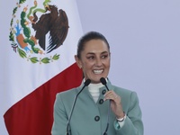 Claudia Sheinbaum Pardo, President of Mexico, speaks during the National Agreement for the Human Right to Water and Sustainability at the Ec...