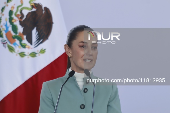 Claudia Sheinbaum Pardo, President of Mexico, speaks during the National Agreement for the Human Right to Water and Sustainability at the Ec...