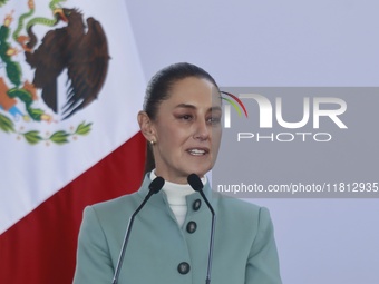 Claudia Sheinbaum Pardo, President of Mexico, speaks during the National Agreement for the Human Right to Water and Sustainability at the Ec...