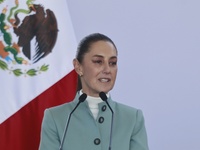 Claudia Sheinbaum Pardo, President of Mexico, speaks during the National Agreement for the Human Right to Water and Sustainability at the Ec...