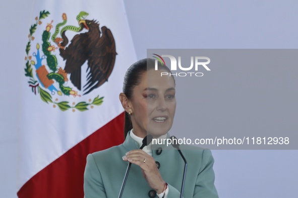 Claudia Sheinbaum Pardo, President of Mexico, speaks during the National Agreement for the Human Right to Water and Sustainability at the Ec...