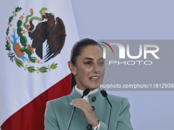 Claudia Sheinbaum Pardo, President of Mexico, speaks during the National Agreement for the Human Right to Water and Sustainability at the Ec...