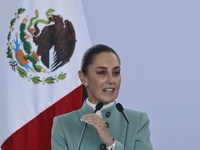 Claudia Sheinbaum Pardo, President of Mexico, speaks during the National Agreement for the Human Right to Water and Sustainability at the Ec...