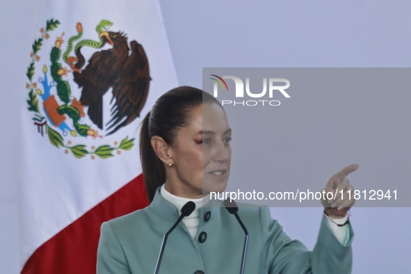 Claudia Sheinbaum Pardo, President of Mexico, speaks during the National Agreement for the Human Right to Water and Sustainability at the Ec...