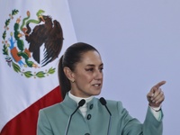 Claudia Sheinbaum Pardo, President of Mexico, speaks during the National Agreement for the Human Right to Water and Sustainability at the Ec...