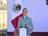 Claudia Sheinbaum Pardo, President of Mexico, speaks during the National Agreement for the Human Right to Water and Sustainability at the Ec...