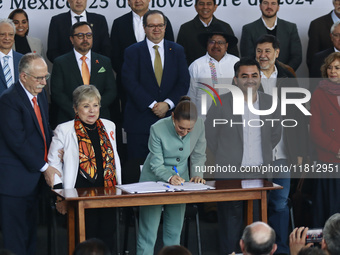 (L-R) Julio Berdegue, Secretary of Agriculture and Rural Development, Alicia Barcena, Claudia Sheinbaum, President of Mexico, Secretary of t...