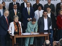 (L-R) Julio Berdegue, Secretary of Agriculture and Rural Development, Alicia Barcena, Claudia Sheinbaum, President of Mexico, Secretary of t...