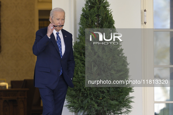 US President Joe Biden arrives to deliver remarks about the ceasefire deal on the border between Israel and Lebanon in Washington DC, USA, o...