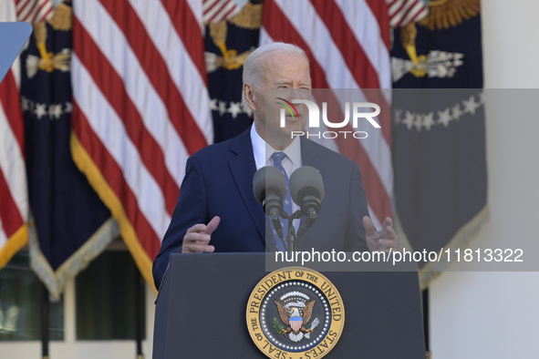 US President Joe Biden delivers remarks about the ceasefire deal on the border between Israel and Lebanon in Washington DC, USA, on November...