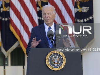 US President Joe Biden delivers remarks about the ceasefire deal on the border between Israel and Lebanon in Washington DC, USA, on November...