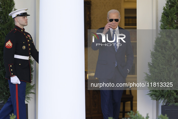 US President Joe Biden arrives to deliver remarks about the ceasefire deal on the border between Israel and Lebanon in Washington DC, USA, o...