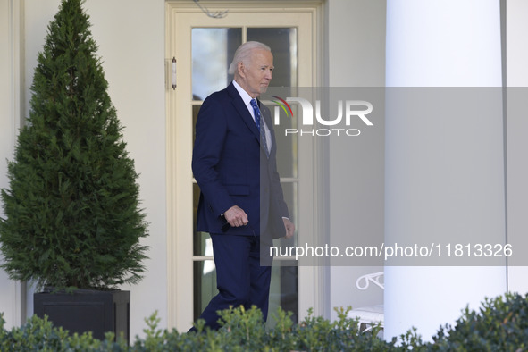 US President Joe Biden arrives to deliver remarks about the ceasefire deal on the border between Israel and Lebanon in Washington DC, USA, o...