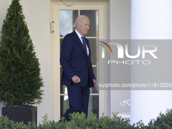 US President Joe Biden arrives to deliver remarks about the ceasefire deal on the border between Israel and Lebanon in Washington DC, USA, o...