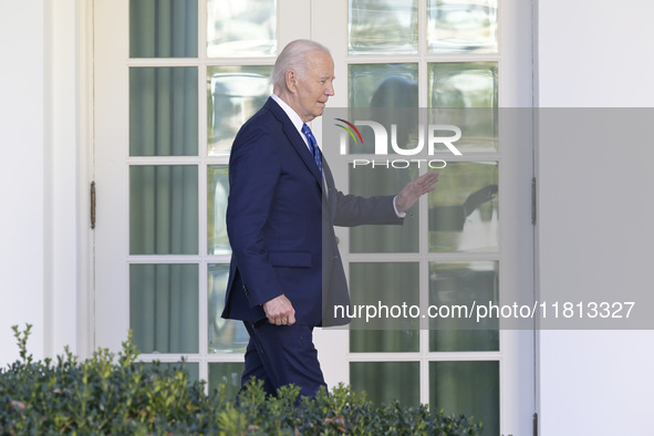 US President Joe Biden arrives to deliver remarks about the ceasefire deal on the border between Israel and Lebanon in Washington DC, USA, o...