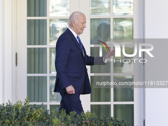 US President Joe Biden arrives to deliver remarks about the ceasefire deal on the border between Israel and Lebanon in Washington DC, USA, o...