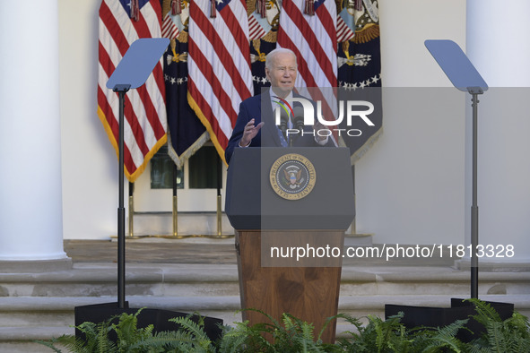 US President Joe Biden delivers remarks about the ceasefire deal on the border between Israel and Lebanon in Washington DC, USA, on November...