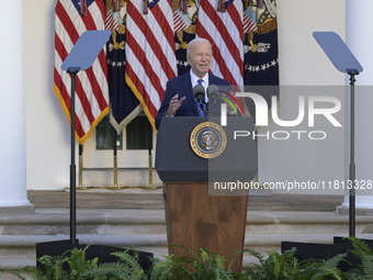 US President Joe Biden delivers remarks about the ceasefire deal on the border between Israel and Lebanon in Washington DC, USA, on November...