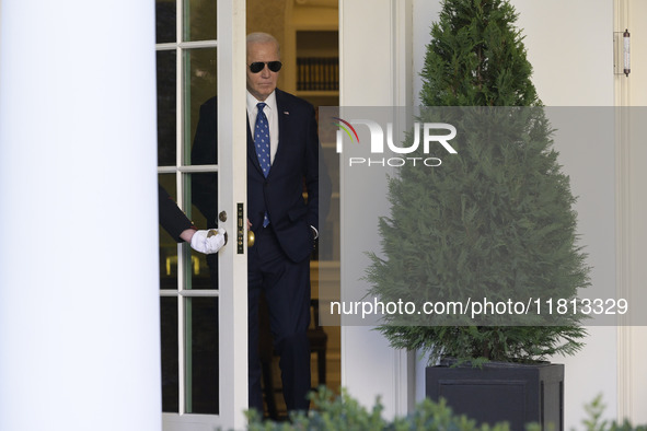 US President Joe Biden arrives to deliver remarks about the ceasefire deal on the border between Israel and Lebanon in Washington DC, USA, o...