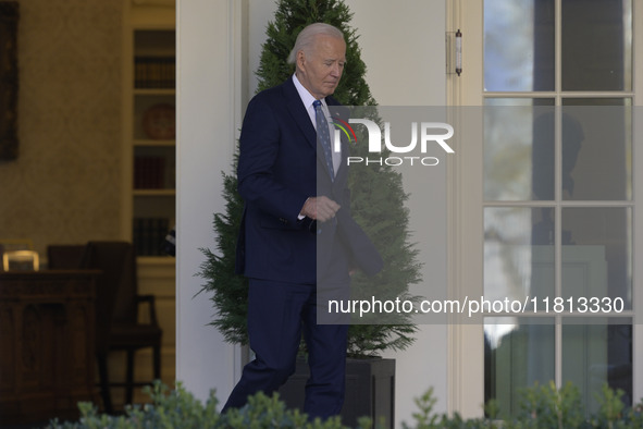 US President Joe Biden arrives to deliver remarks about the ceasefire deal on the border between Israel and Lebanon in Washington DC, USA, o...