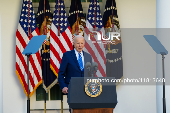 President Biden announces a ceasefire between Israel and Lebanon in the Rose Garden, United States, on November 26, 2024, before heading off...