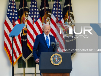 President Biden announces a ceasefire between Israel and Lebanon in the Rose Garden, United States, on November 26, 2024, before heading off...