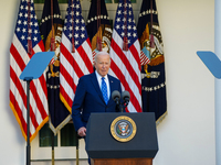 President Biden announces a ceasefire between Israel and Lebanon in the Rose Garden, United States, on November 26, 2024, before heading off...