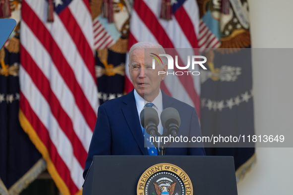 President Biden announces a ceasefire between Israel and Lebanon in the Rose Garden, United States, on November 26, 2024, before heading off...